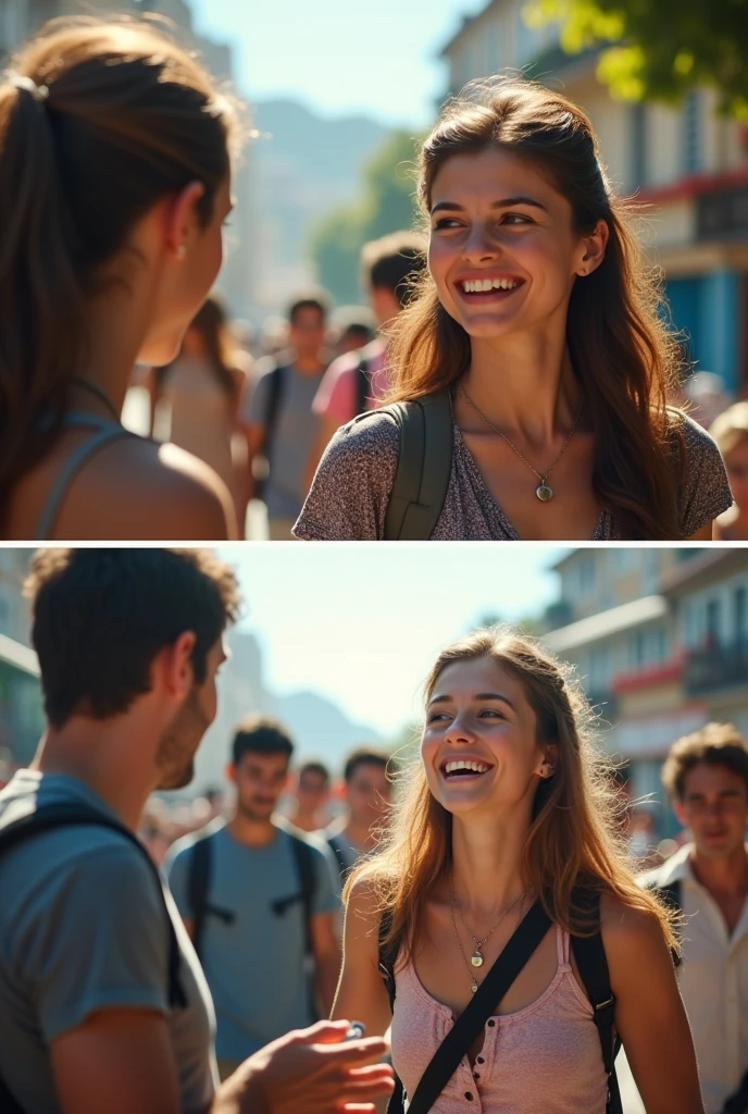 A before-and-after scenario: In the "before," tourists are confused and sad, and in the "after," they are happy and enjoying the tour due to the guide’s language skills.