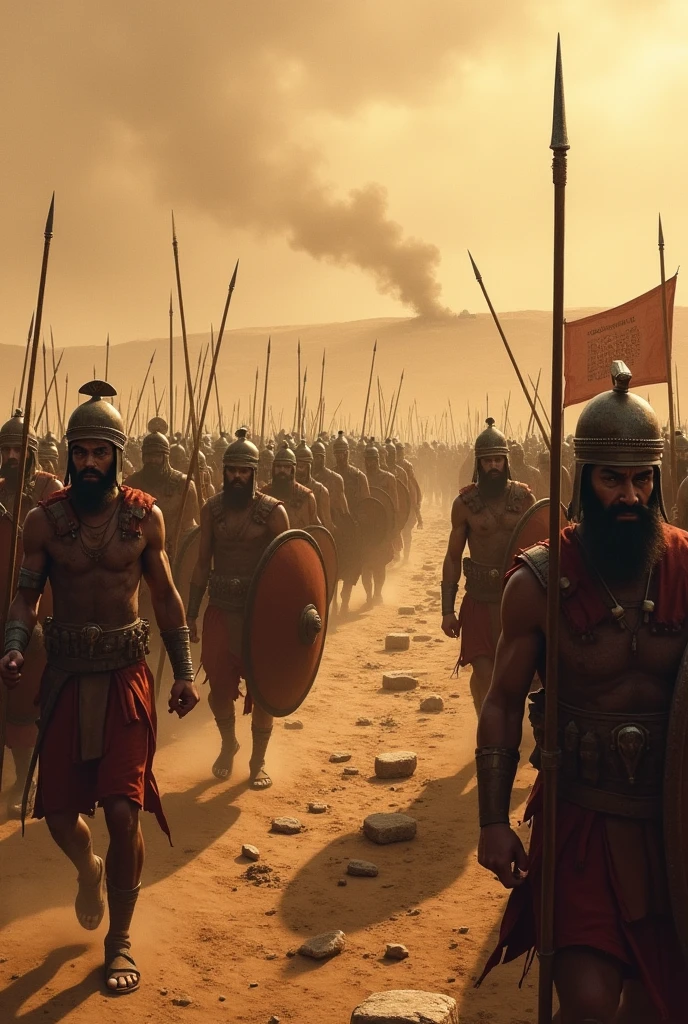"An ancient battlefield in Mesopotamia, around 2525 BC, during the Battle of Lagash. The scene shows two opposing armies from the city-states of Lagash and Umma. The soldiers are dressed in primitive armor, with spears, shields, and helmets made of bronze and leather. In the foreground, soldiers from Lagash are advancing with determination, their faces showing fierce resolve. In the background, the soldiers of Umma are defending their position near a river, with dusty, arid land stretching behind them. Ancient stone tablets lie scattered on the ground, inscribed with cuneiform writing. The sky is a muted, dusty orange, casting an ominous light over the battlefield. The overall atmosphere is tense and dramatic, capturing the essence of the first recorded war in history."
