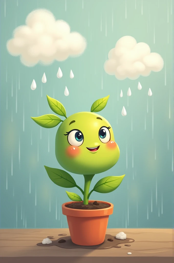 A cute little plant smiling towards raining clouds