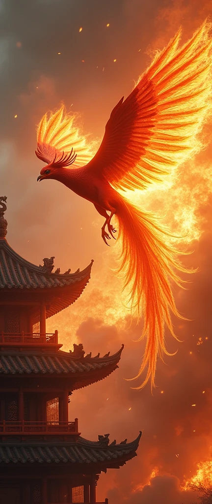 intricate phoenix, dramatic flight, scorching flames, catastrophic blaze, burning ancient Asian architecture, highly detailed, cinematic, photorealistic, dramatic lighting, vivid colors, hyper-realistic, (best quality,4k,8k,highres,masterpiece:1.2),ultra-detailed,(realistic,photorealistic,photo-realistic:1.37)