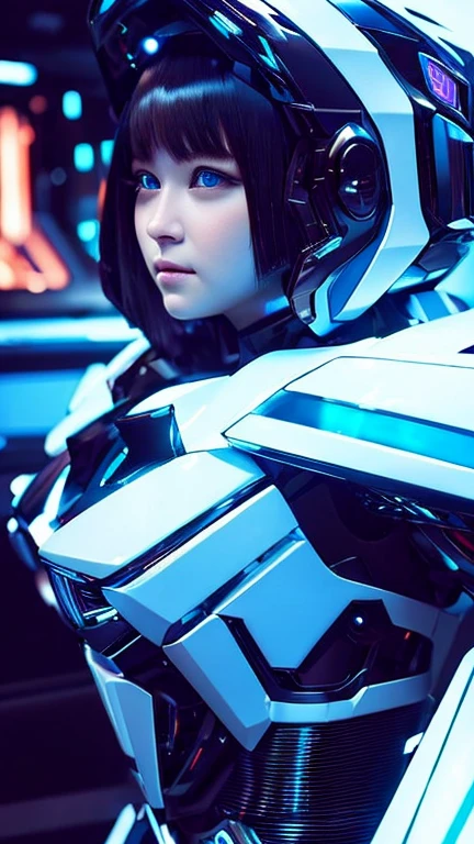 Wide-angle shot, 1 female, Mecha, Glowing blue-black eyes, Very cute face, (Realistic:1.37), バイオMechaニカル, Spaceship interior bokeh background, Ultra-realistic, Very detailed, Very intricate details, Beautiful woman in focus,
