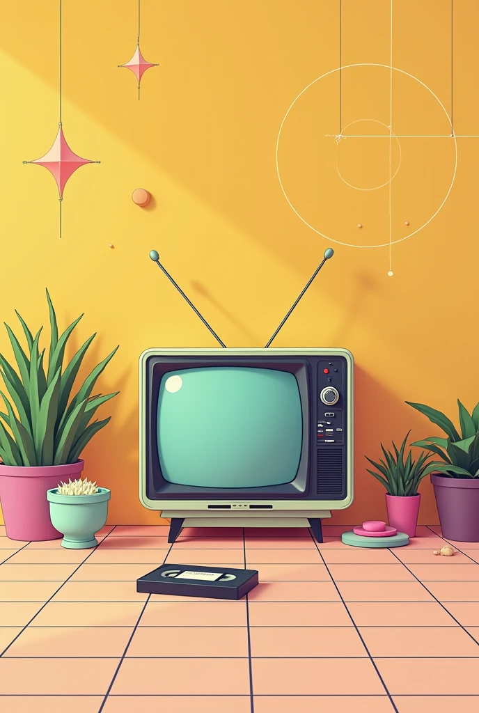 inspired by 1980s Japanese anime for video use, symbolizing classic TV series. The scene includes a retro TV with an antenna, a few VHS cassettes, and a simple grid pattern with neon accents. stars and planets. Use a limited color palette featuring shades of yellow, warm oranges, and pastel tones. The style should be clean and uncluttered, evoking the nostalgic feel of classic 1980s TV series in a Japanese anime style, solid bold color background