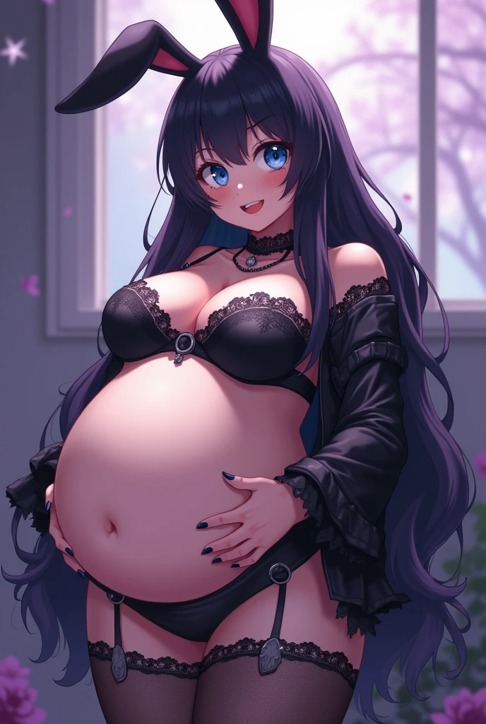 Chubby goth Bunny Girl big belly blue eyes anime massive hyper pregnant, purple eyes