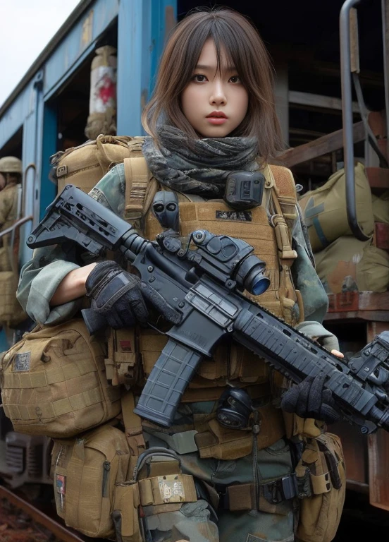 Photorealistic、Realistic skin texture、Automatic rifle、high resolution、High definition、Arabian-Japanese girl in camouflage uniform、Very beautiful 1 female soldier、Carrying a military backpack、Wearing a military helmet、Holding an M16 rifle、Wear a bulletproof vest、Smoke rising from the battlefield、A long corridor in a building、whole body、Walking