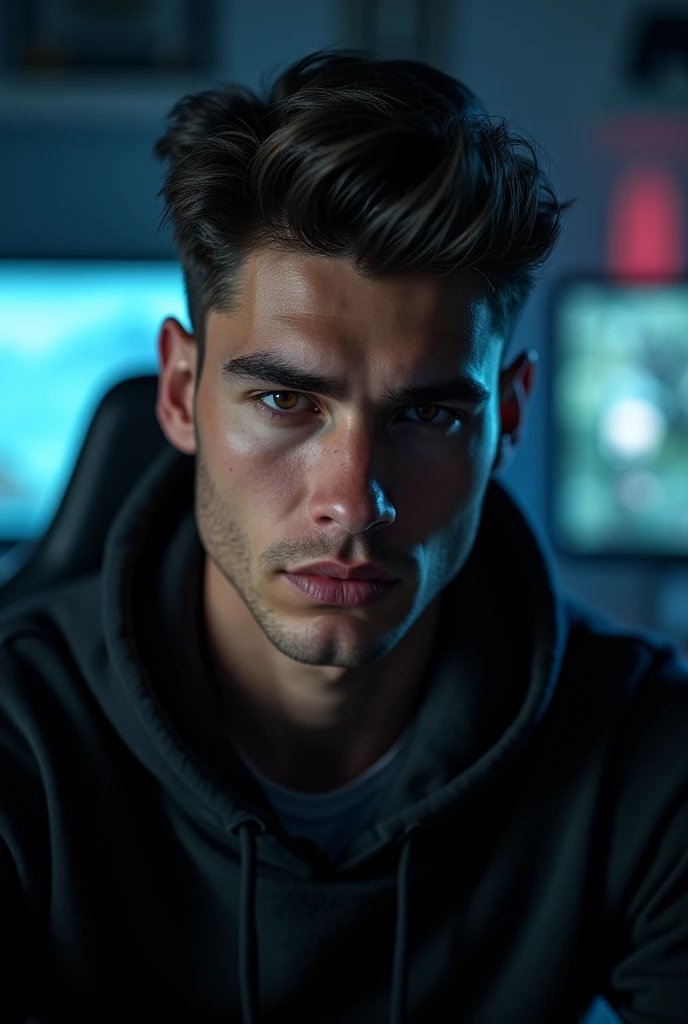 A handsome 2 young man is looking directly at the camera from a frontal perspective in a dark gaming room.