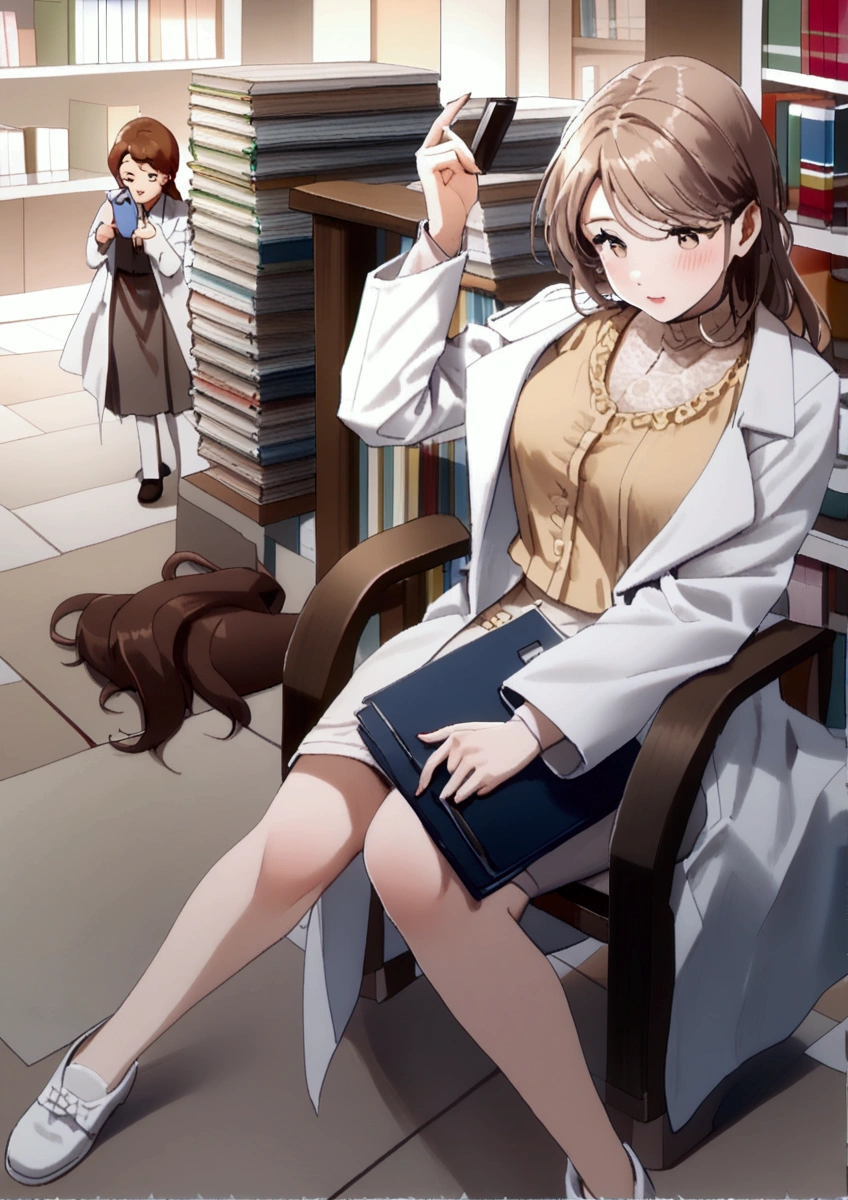 arafed woman in lab coat holding a folder in a library, (hair swept bangs:1.3), (long brown hair:1.3), wearing lab coat and a blouse, bae suzy, doctor, with a lab coat, (doctor), wearing a labcoat, wearing lab coat, medical doctor, wearing a white lab coat, song hye - kyo, jaeyeon nam, scene from live action movie, wearing a lab coat, white lab coat