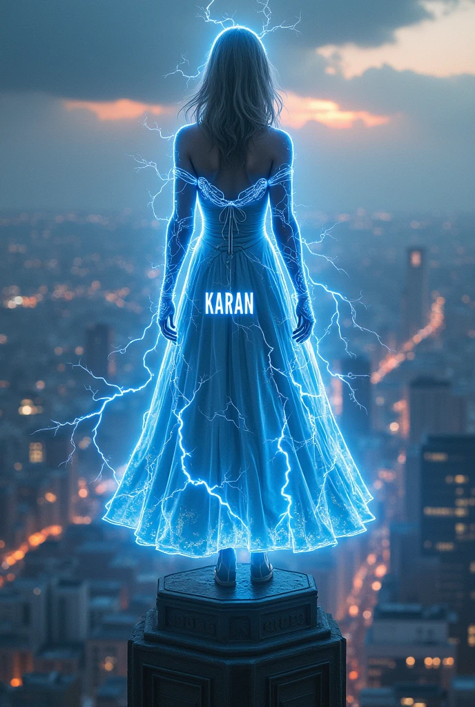 A powerful hero with a lightning dress standing on the top of a building and watching the world with name written in the dress Karan