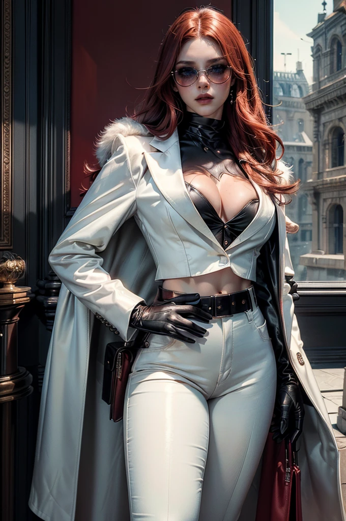 [cowboy shot], a beautiful young woman with long red hair, detailed facial features, ((wearing high quality high waist black leather pants)), ((a formal white colored silk shirt with cleavage and long sleeves)), ((a white fur coat on shoulders)), ((luxury waist belt)), ((red tinted glasses)), ((black leather gloves)), ((expensive reflective silk scarf)), holding a handbag, hand on waist, (best quality,4k,8k,highres,masterpiece:1.2),ultra-detailed,(realistic,photorealistic,photo-realistic:1.37),high fashion,editorial,dramatic lighting,cinematic,vivid colors,intricate details, glamorous