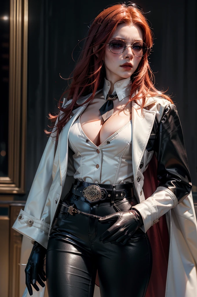 [cowboy shot], a beautiful young woman with long red hair, detailed facial features, ((wearing high quality high waist black leather pants)), ((a formal white colored silk shirt with cleavage and long sleeves)), ((a white fur coat on shoulders)), ((luxury waist belt)), ((red tinted glasses)), ((black leather gloves)), ((expensive reflective silk scarf)), holding a handbag, hand on waist, (best quality,4k,8k,highres,masterpiece:1.2),ultra-detailed,(realistic,photorealistic,photo-realistic:1.37),high fashion,editorial,dramatic lighting,cinematic,vivid colors,intricate details, glamorous