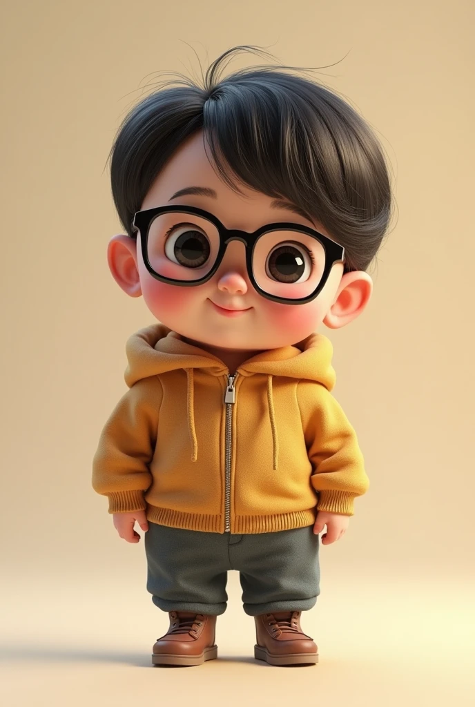 Make a little guy, very little fat, but still chubby, with a parted hair and wearing realistic style square glasses