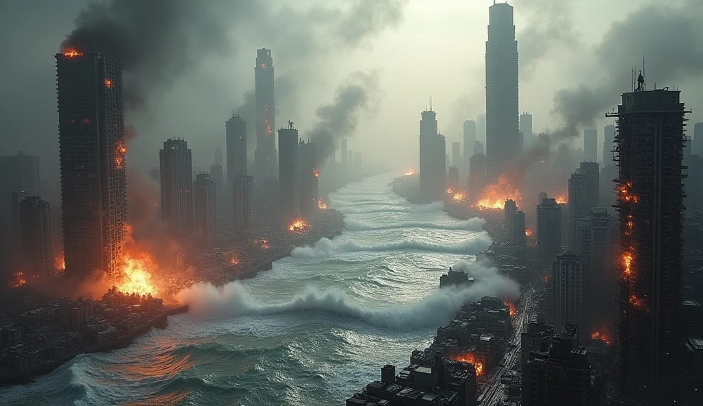 City hit by earthquake, skyscrapers collapsed and destroyed, chaos everywhere, several buildings exploded. add realistic HD devouring tsunami, blaze