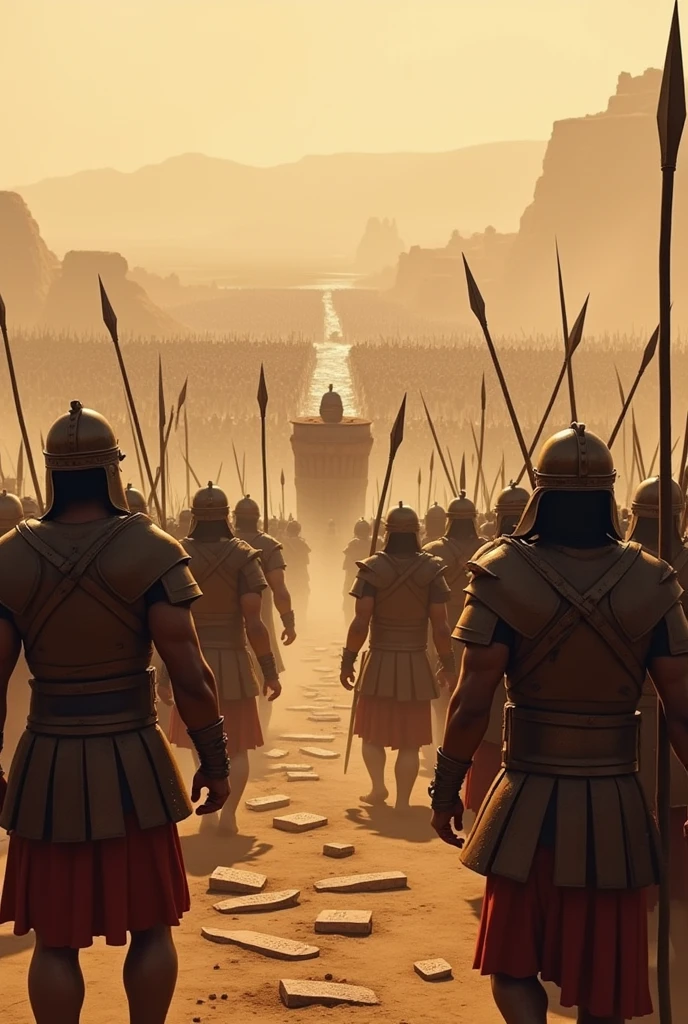 "An ancient battlefield in Mesopotamia, around 2525 BC, during the Battle of Lagash. The scene shows two opposing armies from the city-states of Lagash and Umma. The soldiers are dressed in primitive armor, with spears, shields, and helmets made of bronze and leather. In the foreground, soldiers from Lagash are advancing with determination, their faces showing fierce resolve. In the background, the soldiers of Umma are defending their position near a river, with dusty, arid land stretching behind them. Ancient stone tablets lie scattered on the ground, inscribed with cuneiform writing. The sky is a muted, dusty orange, casting an ominous light over the battlefield. The overall atmosphere is tense and dramatic, capturing the essence of the first recorded war in history."