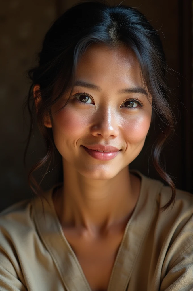bottomless, Flashy, cleavage, naked, Absurd, ultra-detailed, high quality, masterpiece, detailed face, beautiful eyes(detailed eyes), javanese, gentle and graceful, face exudes warmth and kindness, eyes described as soft and comforting, gentle and steady gaze, overall appearance is simple and modest, The fabric of her garments is usually depicted as soft and earth-toned, beauty lies not in extravagant adornments, Her smile is serene and welcoming