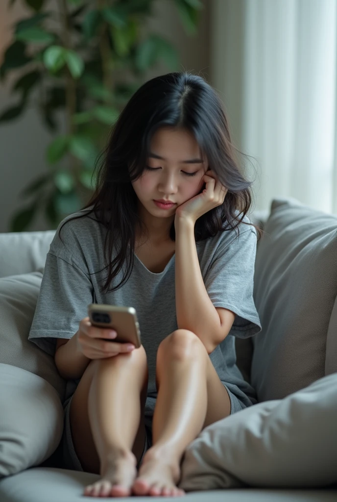 A tired young asian girl with disheveled long hair sits on a light gray sofa, her expression indicating exhaustion. She holds a smartphone in one hand while her other hand supports her head. She wears a loose-fitting gray t-shirt and has bare feet resting on the couch. The background is softly blurred, emphasizing her relaxed and weary demeanor. advertising big head.