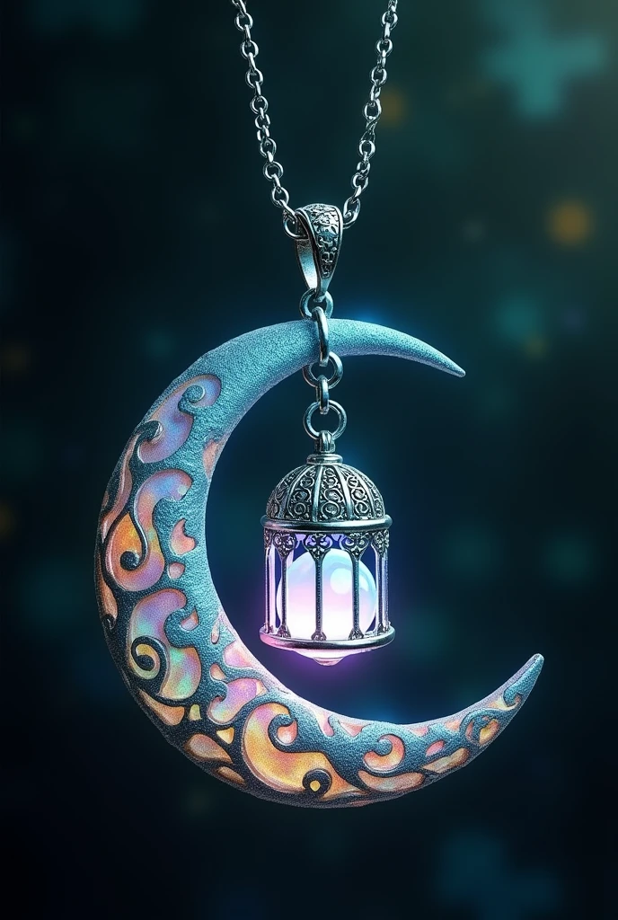 This is an enchanting crescent moon necklace, featuring a glowing, luminescent design. The crescent moon pendant is large and dominates the design, curving gracefully with a delicate filigree pattern that adds intricate detail to its surface. The crescent has a soft, radiant Rainbow glow that emanates from within, creating a magical and otherworldly effect. Hanging from the inside of the crescent moon is a small, spherical crystal or orb, encased in an ornate, silver metal cage. The orb also emits a faint Rainbow glow, harmonizing with the light of the crescent moon. The metal cage surrounding the orb is intricately designed, with delicate swirls and loops that add a touch of elegance and complexity. The pendant is attached to a fine, silver chain that complements the overall design. The chain is simple and unobtrusive, allowing the focus to remain on the glowing crescent moon and orb pendant. The overall aesthetic of the necklace is mystical and celestial, perfect for someone who appreciates unique, fantasy-inspired jewelry with a touch of magic.