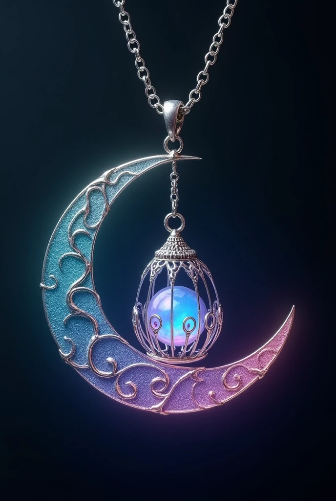 This is an enchanting crescent moon necklace, featuring a glowing, luminescent design. The crescent moon pendant is large and dominates the design, curving gracefully with a delicate filigree pattern that adds intricate detail to its surface. The crescent has a soft, radiant Rainbow glow that emanates from within, creating a magical and otherworldly effect. Hanging from the inside of the crescent moon is a small, spherical crystal or orb, encased in an ornate, silver metal cage. The orb also emits a faint Rainbow glow, harmonizing with the light of the crescent moon. The metal cage surrounding the orb is intricately designed, with delicate swirls and loops that add a touch of elegance and complexity. The pendant is attached to a fine, silver chain that complements the overall design. The chain is simple and unobtrusive, allowing the focus to remain on the glowing crescent moon and orb pendant. The overall aesthetic of the necklace is mystical and celestial, perfect for someone who appreciates unique, fantasy-inspired jewelry with a touch of magic.