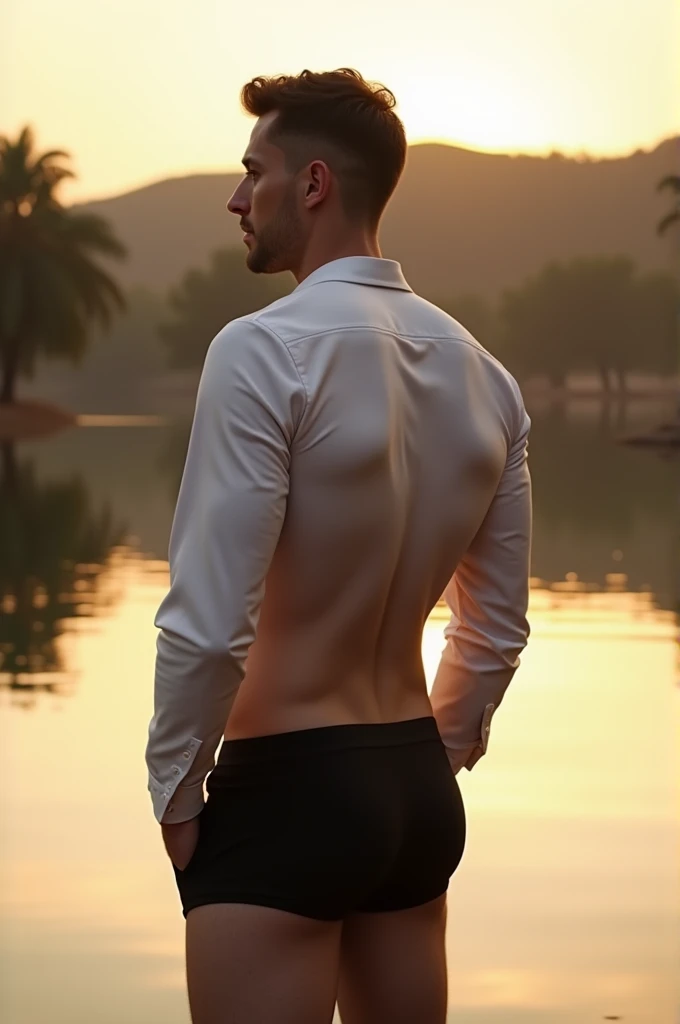 A white man, at 3, model type, with short dark hair, with clear eyes, wearing a full white shirt and black boxers, standing backwards, looking at the camera and showing her ass in a lake in Alentejo at sunrise