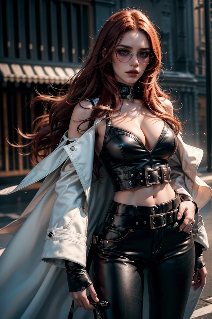 [cowboy shot], a beautiful young woman with long red hair, detailed facial features, ((wearing high quality high waist black leather pants)), ((a formal white colored top with cleavage)), ((a white fur coat on shoulders)), ((luxury waist belt)), ((red tinted glasses)), (no sleeves), (best quality,4k,8k,highres,masterpiece:1.2),ultra-detailed,(realistic,photorealistic,photo-realistic:1.37),high fashion,editorial,dramatic lighting,cinematic,vivid colors,intricate details, glamorous