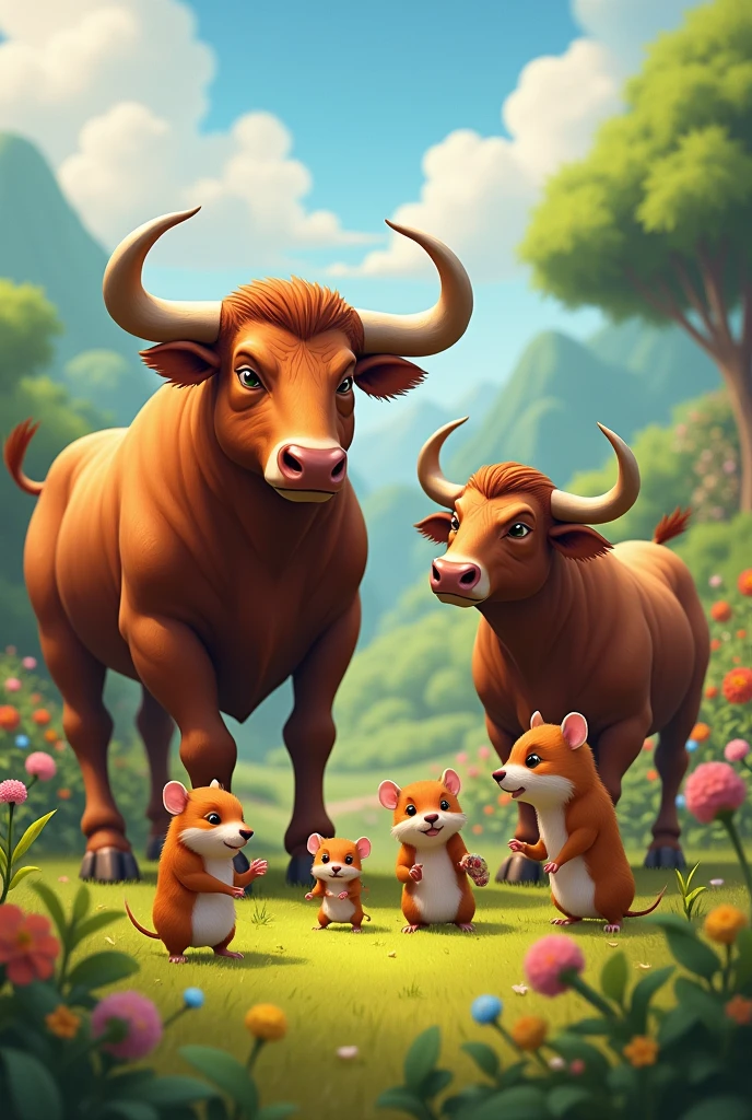 A Rich family of bulls standing in 2 lages and playing with their baby poor hamsters