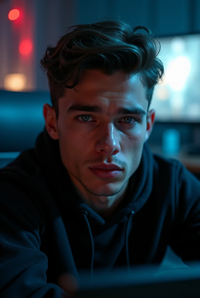 A handsome 2 young man is looking directly at the camera from a frontal perspective in a dark gaming room.