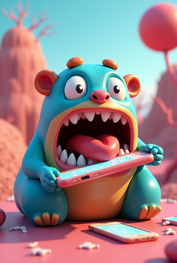 3d Cartoon eating Mobile Phone