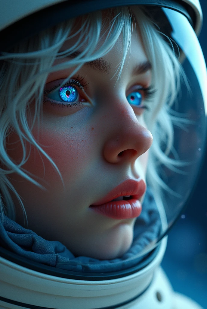(Close-up of a better masterpiece:1.5)0.9], (Space and astronauts:1.2) (Messy silver hair:1.1) (Heterochromia xanthochromia and blue eyes:1.2) (Space Helmet:1.0) (Colored stars in the eyes:1.0) (A radiant glow:1.1) (thick lips:0.9)