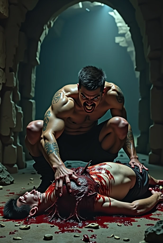 (photorealism:1.2), creates the image of a man in the dark in a catacomb, This one is on all fours and in its mouth it has a piece of meat that seems to have been torn from the body of a naked man lying in front of it.. Make this image super realistic. The guy I&#39;m looking to represent is a bit dark, young, ocon buzzcut haircut, defined mustache, almond-shaped eyes and defined jaw, He has the physical build of a rugby player 