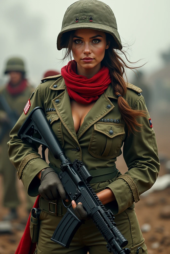 1 women, (American soldiers), Ameriacn soldier uniform, detailed lines, gorgeous face, upscale:4x, gun, scarf in neck, medium boobs, war background, 