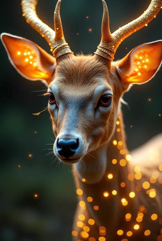 deer,Fantastic fantasy,Glowing in gold,Moody Color,Golden glitter background,Close-up of face