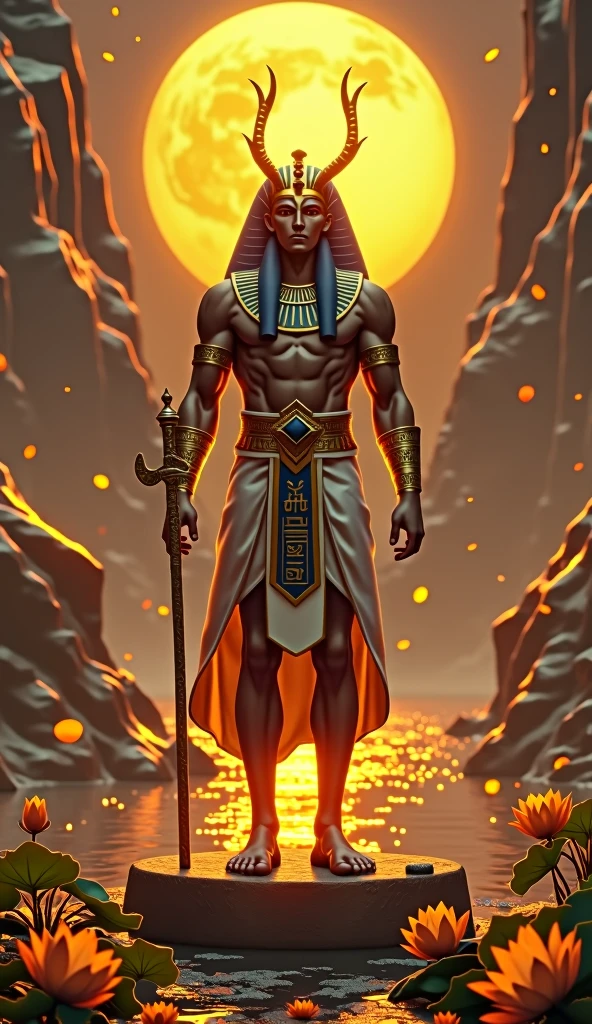 Design an image of Atum from Egyptian mythology overseeing the creation of life. Atum is depicted as a powerful, majestic figure, standing on the primordial mound with a golden ankh in one hand and a staff in the other. He is surrounded by symbols of life and creation, such as the scarab beetle, lotus flowers, and the sun. The background is a vibrant scene of the Nile River, with life flourishing around it, including animals, plants, and people. Use masterpiece, best quality, CG, wallpaper, HDR, high quality, ultra detailed face, cinematic, high detail, 8k, raw, high, artstation HQ, unreal engine, octane renderer, 4k resolution, hyperrealistic, highly detailed, and absurdres settings