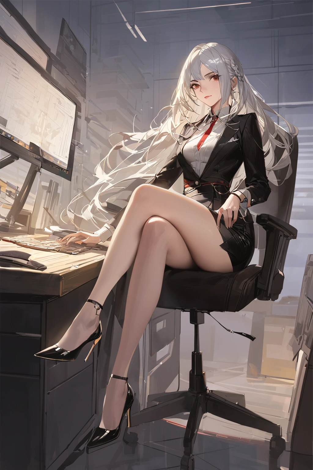 [artist:ciloranko],[[artist:ask(askzy)]],[[[[artist:modare]]]], huangyueying, 1 woman, long hair,solo, white hair, full body, asymmetrical_legwear, one black and one white, one black stocking and one white stocking, uneven_legwear, full_body, looking at viewer, stiletto high heel, medium breasts, legs, crossed legs, sitting, office, crossed ankles, indoors, office chair, monitor, skirt, pencil skirt (((2 legs)))