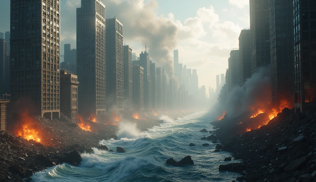 City hit by earthquake, skyscrapers collapsed and destroyed, chaos everywhere, several buildings exploded. add realistic HD devouring tsunami, blaze 