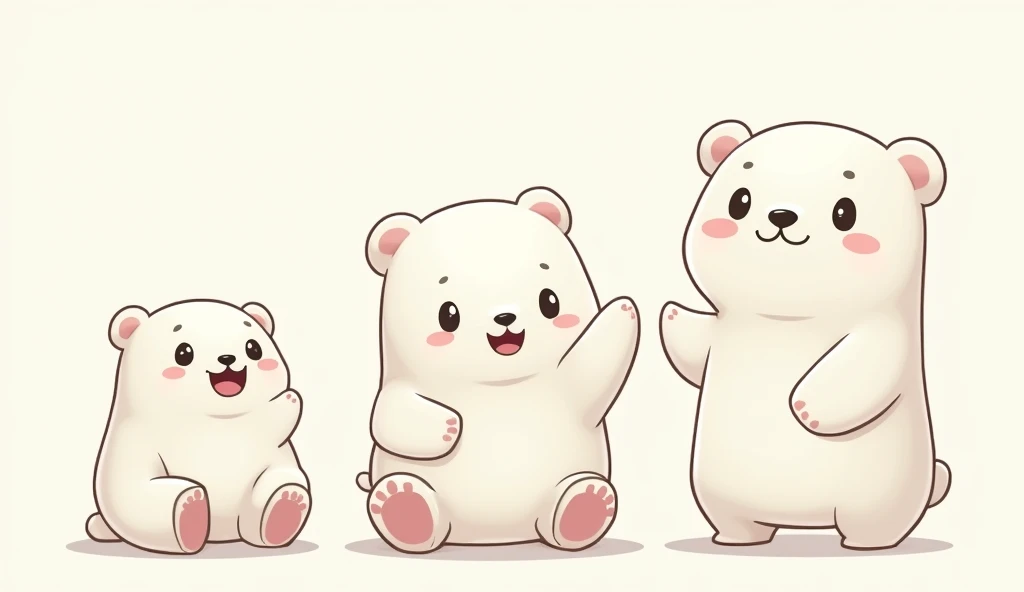 A cute polar bears character, chibi style, cute, exaggerated features, simplified, kawaii, super-deformed , Design the character with 20 different full-bodyposes, each showcasing different expression