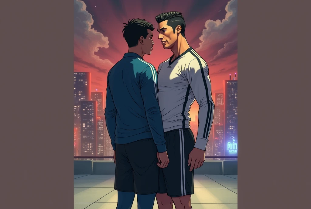 make me a picture of Cristiano ronaldo vs youtuber mr.beast facing each other, with an anime style picture, Don't wear a football shirt
