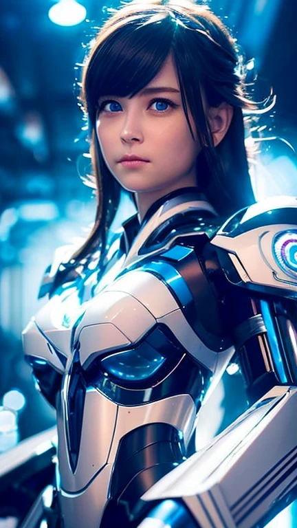 Wide-angle shot, 1 female, Mecha, Glowing dark blue eyes, Very cute face, (Realistic:1.37), バイオMechaニカル, Spaceship interior bokeh background, Ultra-realistic, Very detailed, Very intricate details, Beautiful woman in focus,
