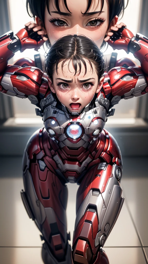 Highest quality　8k Iron Man suit girl　Elementary school girl　Sweaty face　cute　short hair　boyish　Steam coming from the head　My hair is wet with sweat　Black hair feel　Full body portrait　Ecstatic expression　Drooling dripping from the mouth　look up　bare hands