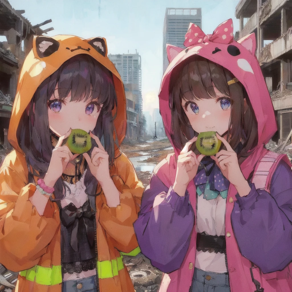 Sitting on the ground eating kiwi、黄色い防災頭巾を着たAnime, Destroyed city and buildings, Anime Style 4 k, Gweiz-style artwork, Anime, Anime Styled digital art, two beautiful Anime, 80年代のAnime Style, Anime Style illustration, Anime Style. 8k, Anime Style artwork, everyone, Anime Wallpaper, Anime Art Wallpapers 8K, 4KAnime Wallpaper