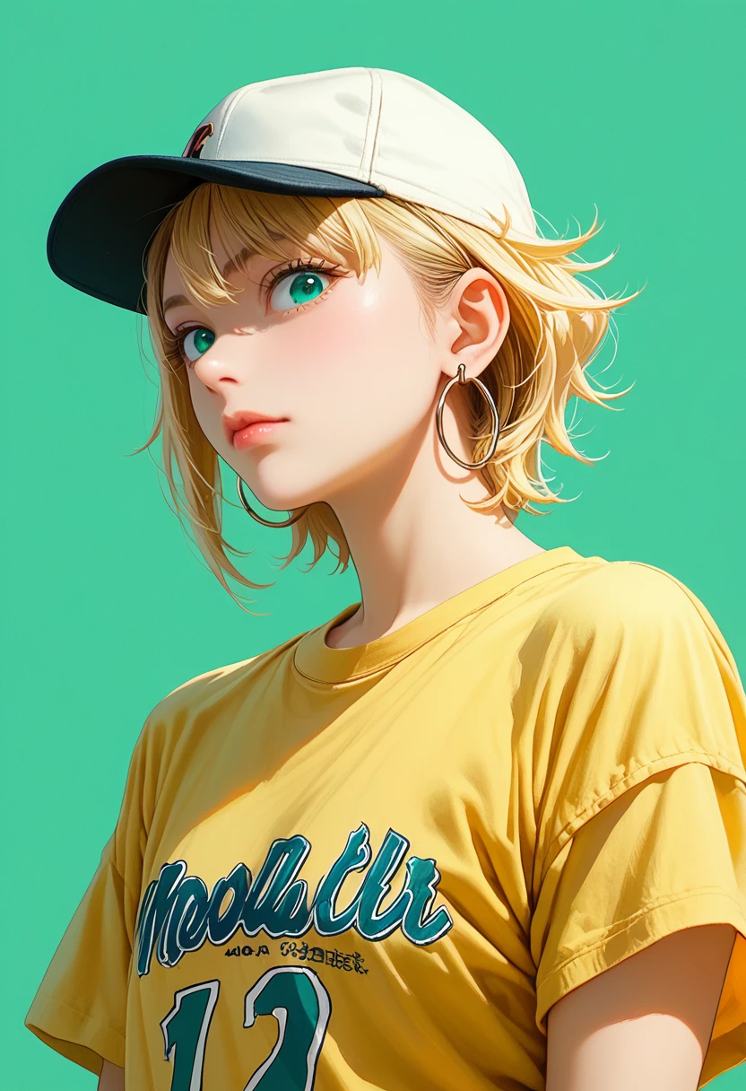 nomura tetsuya, masterpiece, best quality, 1girl, aqua eyes, baseball cap, blonde hair, closed mouth, earrings, green background, hat, hoop earrings, jewelry, looking at viewer, shirt, short hair, simple background, solo, upper body, yellow shirt 