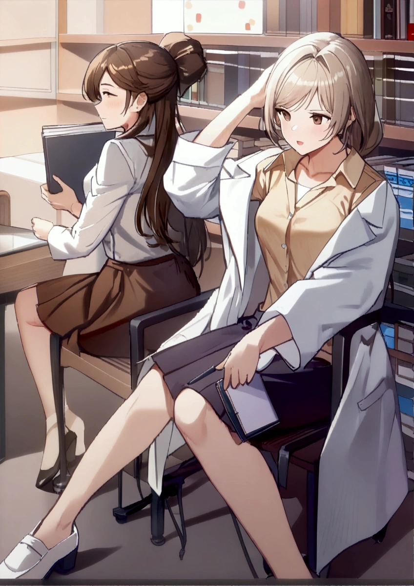 arafed woman in lab coat holding a folder in a library, (hair swept bangs:1.3), (long brown hair:1.3), wearing lab coat and a blouse, bae suzy, doctor, with a lab coat, (doctor), wearing a labcoat, wearing lab coat, medical doctor, wearing a white lab coat, song hye - kyo, jaeyeon nam, scene from live action movie, wearing a lab coat, white lab coat, from girls frontline, fine details. girls frontline universe, girls frontline style, girls frontline cg, kantai collection style, by Akihiko Yoshida female protagonist 👀