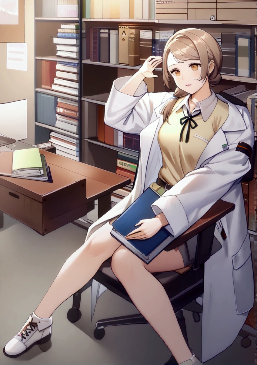 arafed woman in lab coat holding a folder in a library, (hair swept bangs:1.3), (long brown hair:1.3), wearing lab coat and a blouse, bae suzy, doctor, with a lab coat, (doctor), wearing a labcoat, wearing lab coat, medical doctor, wearing a white lab coat, song hye - kyo, jaeyeon nam, scene from live action movie, wearing a lab coat, white lab coat, from girls frontline, fine details. girls frontline universe, girls frontline style, girls frontline cg, kantai collection style, by Akihiko Yoshida female protagonist 👀