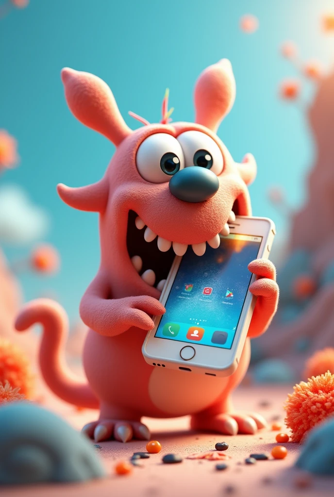 3d Cartoon eating Mobile Phone