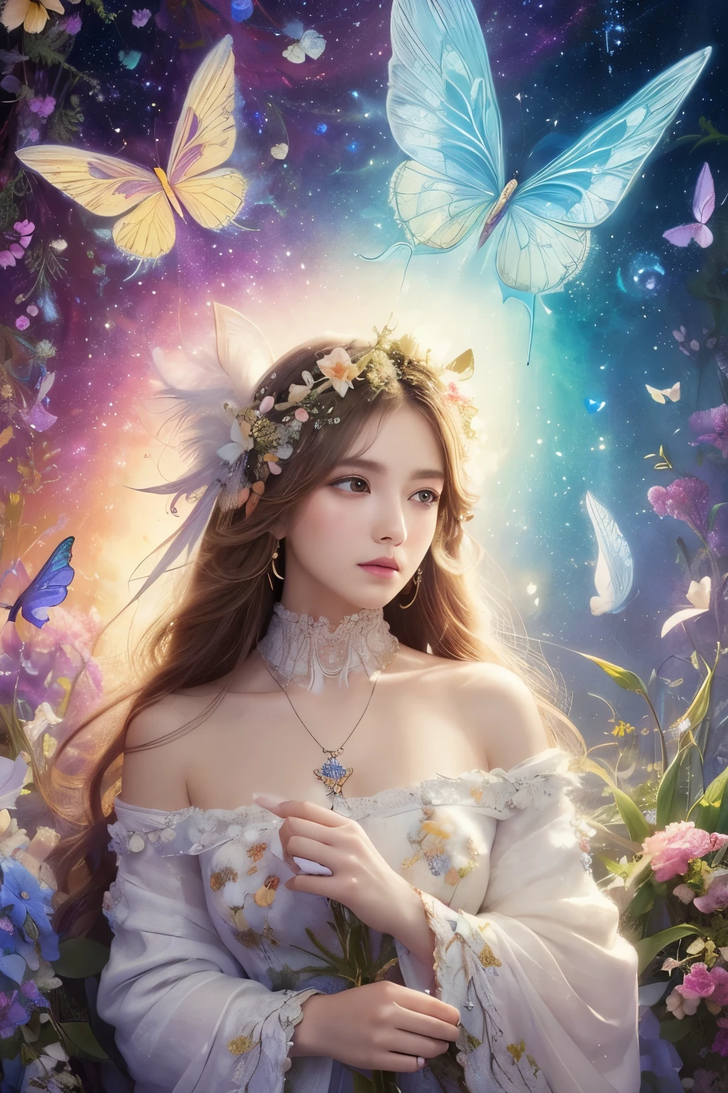 (masterpiece, Highest quality, Highest quality, Official Art, beautifully、aesthetic:1.2), (One person), Very detailed,(Fractal Art:1.3),colorful,Most detailed, White tunic dress、Flowers, feathers and butterflies々Decorative long hair、Soft Lighting、mysterious、Holiness、goddess、universe、Eternal love、crystal、grow、create、dream
