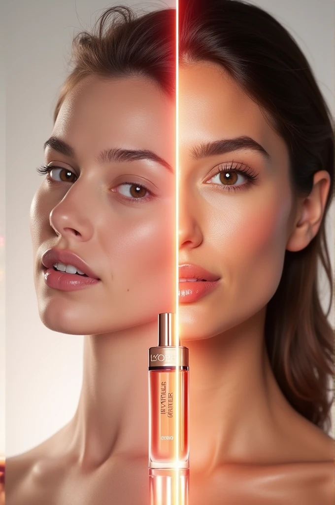 -Dynamic split-screen image with product L'Oréal Paris Revitalift Filler Hyaluronic Acid Serum, featuring before-and-after skin shots to show how radiance has increased.
A bold discount percentage sitting atop it in large glowing font.