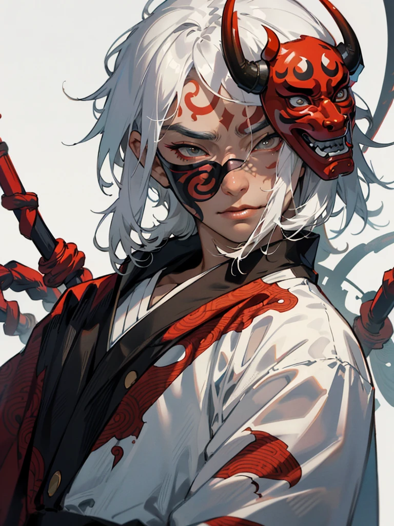 Realism, masterpiece, best quality, beauty and aesthetics, very detailed, fractal art, colorful, most detailed, 1 boy: 1.3, white hair, long hair, ((wearing a hannya mask)), ((wearing an oni mask)), face fully covered, masked, mysterious
