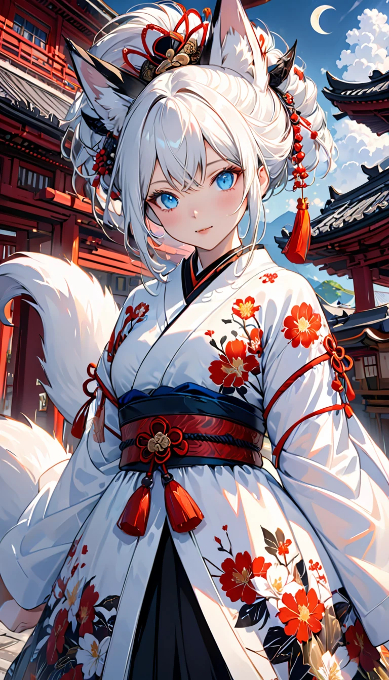 Ink painting, (((1 girl))), (((Tattoo in the middle of the forehead))),(((In the background is the Akatsuki moon))), (((Oiran))), (((Great hair accessories))), Demon possession, ((Masterpiece:1.2)), ((Highest quality)), Extremely detailed and delicate illustration style, Detailed leather texture, Detailed canvas texture, Very detailed description, (Masterpiece T), Extremely beautiful illustration, Highly detailed face, Raw image, professional, Ultra-high resolution panel, Complex details, Superior detail, Intricate decoration details, Perfect anatomy, real, (Very beautiful and cute black and white colored fox woman or girl with blue eyes wearing kimono), ((آذان الثعلب black hair, White hair, multicolor, the beautiful)), (Beautiful black and white colored fox tail), (black hair, White evil, Beautiful and shiny), (((She has claws on her hands.))), (((She has long fangs.))), (Beautiful and clear blue eyes), (Beautiful detailed eyes:1.6), (Traditional black and white detailed costume), Front view, White flower kimono, Black white colorful hakama long skirt, A maxi skirt, Modestly dressed, He smiles, ((Standing and looking at me)), ((The day)), (Extremely detailed and beautiful Japanese temple construction), (8K Highest quality wallpaper), (Extremely detailed and delicate background)