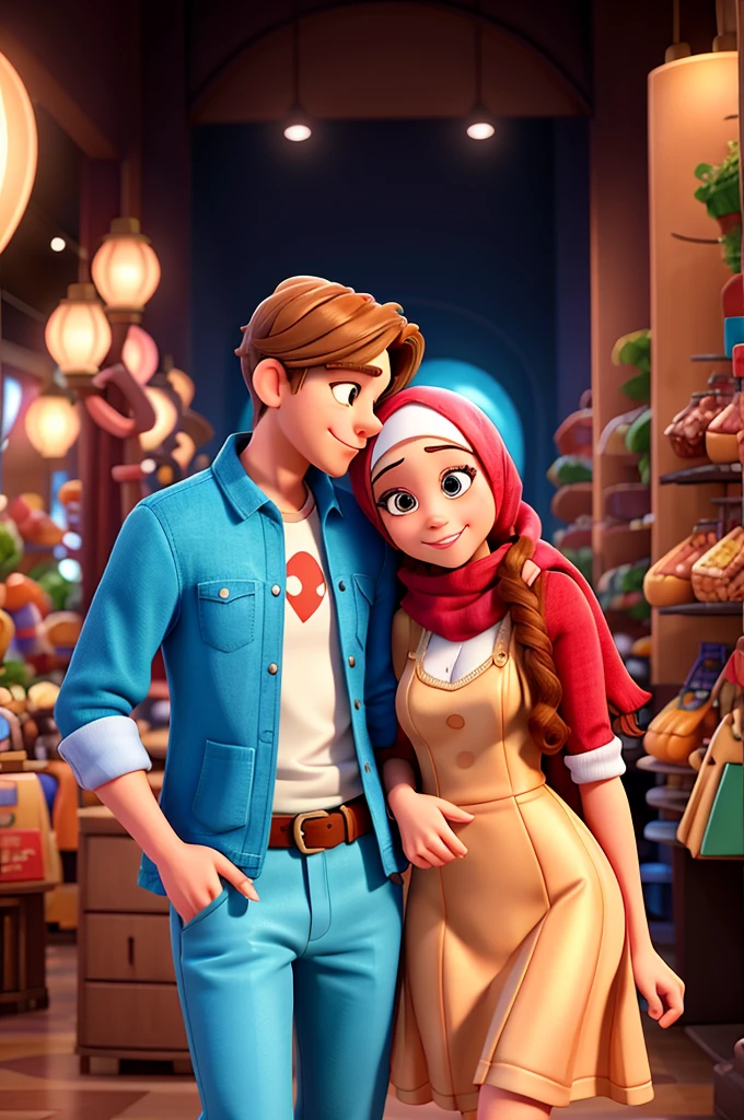 (disney art style, 3d characters) there is a man and woman standing together in a mall, couple, full protrait, couple pose, happy couple, couple portrait, couples portrait, lovely couple, casual photography, protrait, portrait n - 9, mid shot portrait, full device, in love, official product image, portrait image, casual pose, with ivy, 3 / 4 portrait, mid portrait, hijab girl