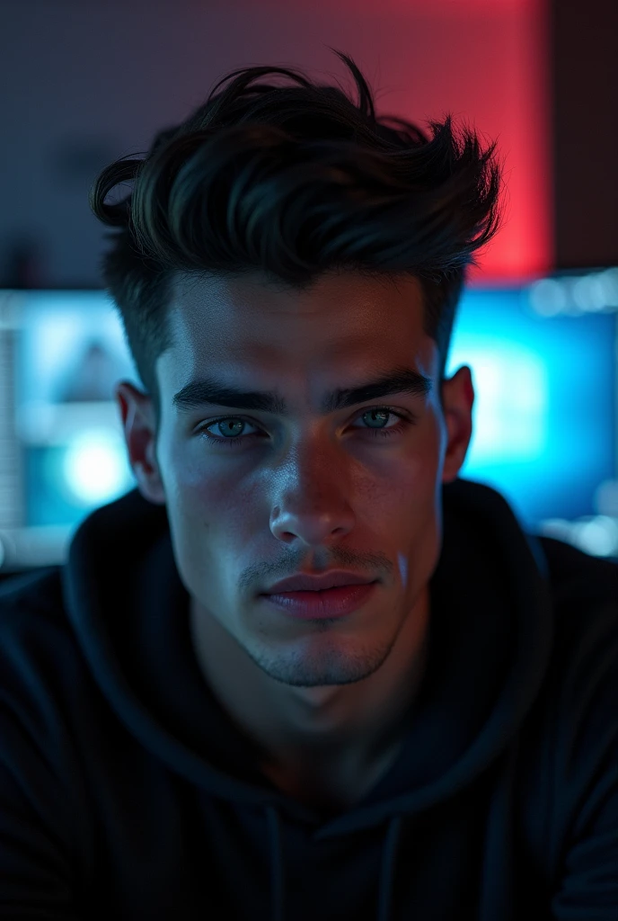 A handsome 2 young man is looking directly at the camera from a frontal perspective in a dark gaming room.