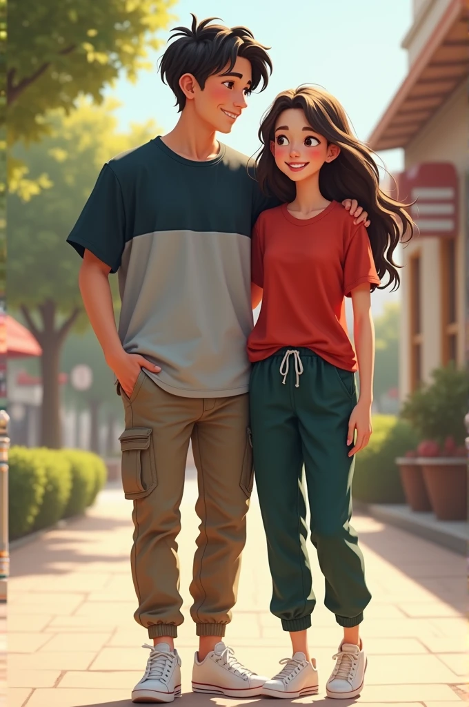 A boy with her girlfriend the boy wear a over sized t shirt which colour is navy blue and grey colour cargo pants with white sneakers fair skin and semi long hairs pink lips and a sharp jawline . And the girl wear a red colour top and dark green joggers on white sneakers fair skin and red lips a cute smile on her face