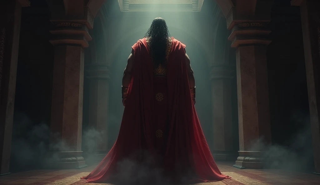 "A shadowy chamber within the palace of Hastinapura. Dhritarashtra, tall and imposing, with a muscular build, dressed in dark red and gold royal garb, stands with his back turned to the viewer, his eyes closed or covered, symbolizing his blindness. The atmosphere is tense, with ominous shadows and a foreboding atmosphere, as the dark truth is concealed from the royal family of Gandhara