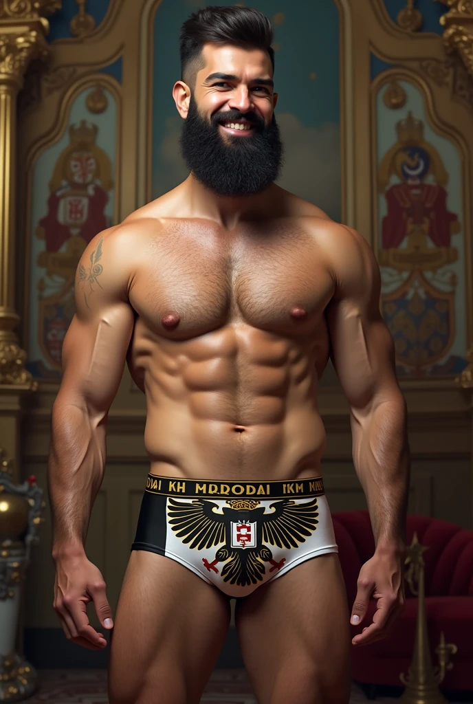 Smiling young strong extremely hairy and bearded mixed race man wearing underwear printed with a black and white flag with a double-headed eagle and a crown, holy roman empire, prussia, Austria, austro - hungarian, of the Duchy of Lithuania, imperial russia, [ digitl art, German, Biedermeier, Napoleonic, vienna secesion style, Ottoman Empire, Germany, Royal insignia in the background, imperial military. written in capital letters “GUAJIRO” in large letters on the elastic of the underwear.